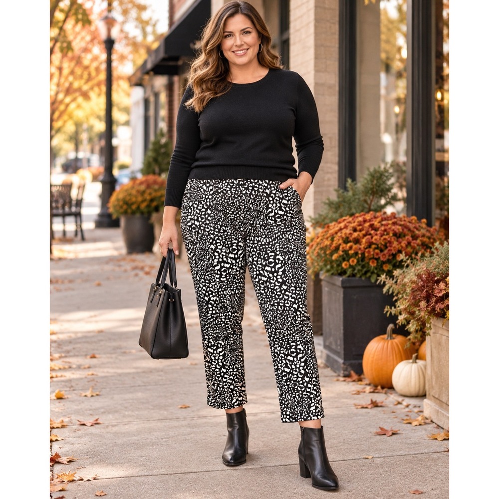 Cooper & Ella Women 18W Black White Print Pull-On Cuffed Ankle Pants Plus Size